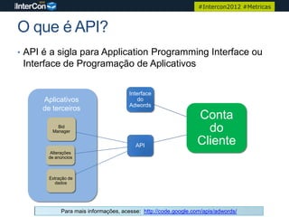 #Intercon2012 #Metricas



O que é API?
• API é a sigla para Application Programming Interface ou
 Interface de Programação de Aplicativos

                                      Interface
     Aplicativos                         do
                                      Adwords
     de terceiros
                                                               Conta
          Bid
        Manager                                                  do
                                        API                    Cliente
        Alterações
       de anúncios



       Extração de
          dados




            Para mais informações, acesse: http://code.google.com/apis/adwords/
 
