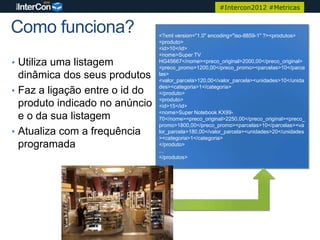 #Intercon2012 #Metricas


Como funciona?                  <?xml version="1.0" encoding="iso-8859-1" ?><produtos>
                                <produto>
                                <id>10</id>
                                <nome>Super TV
• Utiliza uma listagem          HG45667</nome><preco_original>2000,00</preco_original>
                                <preco_promo>1200,00</preco_promo><parcelas>10</parce
  dinâmica dos seus produtos    las>
                                <valor_parcela>120,00</valor_parcela><unidades>10</unida
                                des><categoria>1</categoria>
• Faz a ligação entre o id do   </produto>
                                <produto>
  produto indicado no anúncio   <id>15</id>
                                <nome>Super Notebook KX99-
  e o da sua listagem           70</nome><preco_original>2250,00</preco_original><preco_
                                promo>1800,00</preco_promo><parcelas>10</parcelas><va
• Atualiza com a frequência     lor_parcela>180,00</valor_parcela><unidades>20</unidades
                                ><categoria>1</categoria>
  programada                    </produto>
                                ...
                                </produtos>
 