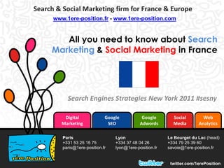 Search & Social Marketing firm for France & Europe
      www.1ere-position.fr - www.1ere-position.com


        All you need to know about Search
     Marketing & Social Marketing in France




           Search Engines Strategies New York 2011 #sesny

          Digital             Google           Google       Social        Web
         Marketing             SEO            Adwords       Media       Analytics

         Paris                    Lyon                    Le Bourget du Lac (head)
         +331 53 25 15 75         +334 37 48 04 26        +334 79 25 39 60
         paris@1ere-position.fr   lyon@1ere-position.fr   savoie@1ere-position.fr


                                                           twitter.com/1erePosition
 