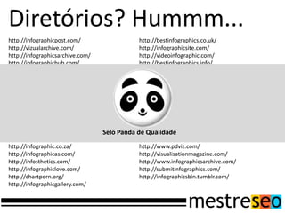 http://infographicpost.com/
http://vizualarchive.com/
http://infographicsarchive.com/
http://infographichub.com/
http://cooldailyinfographics.com/
http://www.discoverinfographics.com/
http://infographicsshowcase.com/
http://coolinfographics.com/
http://submitinfographics.com/
http://muchmost.com/
http://omginfographics.com/
http://amazinginfographics.com/
http://infographicsinspiration.com/
http://pureinfographics.com/
http://infographic.co.za/
http://infographicas.com/
http://infosthetics.com/
http://infographiclove.com/
http://chartporn.org/
http://infographicgallery.com/
http://bestinfographics.co.uk/
http://infographicsite.com/
http://videoinfographic.com/
http://bestinfographics.info/
http://cloudinfographics.com/
http://infographicdatabase.com/
http://info-graphic.co.uk/
http://newsfix.co.uk/
http://InfographicSite.com
http://ilovecharts.tumblr.com/
http://www.vizworld.com/
http://www.infographicsshowcase.com/
http://vizualize.tumblr.com/
http://dailyinfographic.com/
http://www.pdviz.com/
http://visualisationmagazine.com/
http://www.infographicsarchive.com/
http://submitinfographics.com/
http://infographicsbin.tumblr.com/
Diretórios? Hummm...
Selo Panda de Qualidade
 