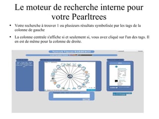Le moteur de recherche interne pour votre Pearltrees Votre recherche à trouver 1 ou plusieurs résultats symbolisée par les tags de la colonne de gauche La colonne centrale s'affiche si et seulement si, vous avez cliqué sur l'un des tags. Il en est de même pour la colonne de droite. 
