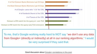 Good discussion about Google+ correlations in this post
To me, that’s Google working really hard to NOT say “we don’t use ...