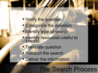 The Search Process Verify the question Categorize the question Identify type of search Identify resources useful to search Translate question Conduct the search Deliver the information 