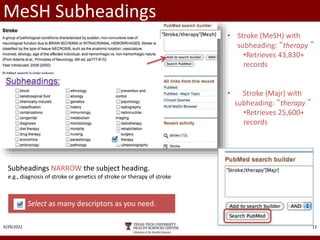 MeSH Subheadings
9/29/2022 12
• Stroke (MeSH) with
subheading: “therapy”
•Retrieves 43,830+
records
• Stroke (Majr) with
subheading: “therapy”
•Retrieves 25,600+
records
Subheadings NARROW the subject heading.
e.g., diagnosis of stroke or genetics of stroke or therapy of stroke
Select as many descriptors as you need.
 