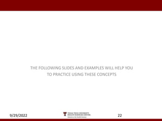 THE FOLLOWING SLIDES AND EXAMPLES WILL HELP YOU
TO PRACTICE USING THESE CONCEPTS
9/29/2022 22
 