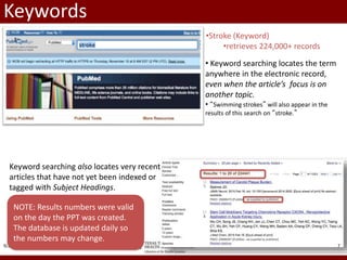 Keywords
9/29/2022 7
•Stroke (Keyword)
•retrieves 224,000+ records
• Keyword searching locates the term
anywhere in the electronic record,
even when the article’s focus is on
another topic.
• “Swimming strokes” will also appear in the
results of this search on “stroke.”
Keyword searching also locates very recent
articles that have not yet been indexed or
tagged with Subject Headings.
NOTE: Results numbers were valid
on the day the PPT was created.
The database is updated daily so
the numbers may change.
 