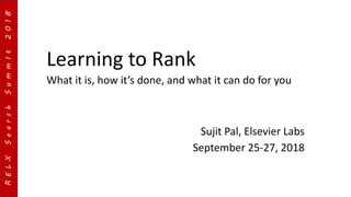 RELXSearchSummIt2018RELXSearchSummIt2018
Learning to Rank
Sujit Pal, Elsevier Labs
September 25-27, 2018
What it is, how it’s done, and what it can do for you
 