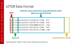 RELXSearchSummIt2018
LETOR Data Format
2 qid:1 1:3 2:3 3:0 4:0 5:3 6:1 7:1 8:0 9:0 10:1 11:156... # 11
2 qid:1 1:3 2:0 3:3 4:0 5:3 6:1 7:0 8:1 9:0 10:1 11:406... # 23
0 qid:1 1:3 2:0 3:2 4:0 5:3 6:1 7:0 8:0.666667 9:0 10:1 ... # 44
2 qid:1 1:3 2:0 3:3 4:0 5:3 6:1 7:0 8:1 9:0 10:1 11:287 ... # 57
1 qid:1 1:3 2:0 3:3 4:0 5:3 6:1 7:0 8:1 9:0 10:1 11:2009 ... # 89
Learning to Rank - what it is, how it's done, and what it can do for you 23
label
Query ID
Features: query, document, query/document, other
(sparse or dense format)
Comments (ex: docID)
 