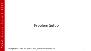 RELXSearchSummIt2018
Problem Setup
Learning to Rank - what it is, how it's done, and what it can do for you 4
 