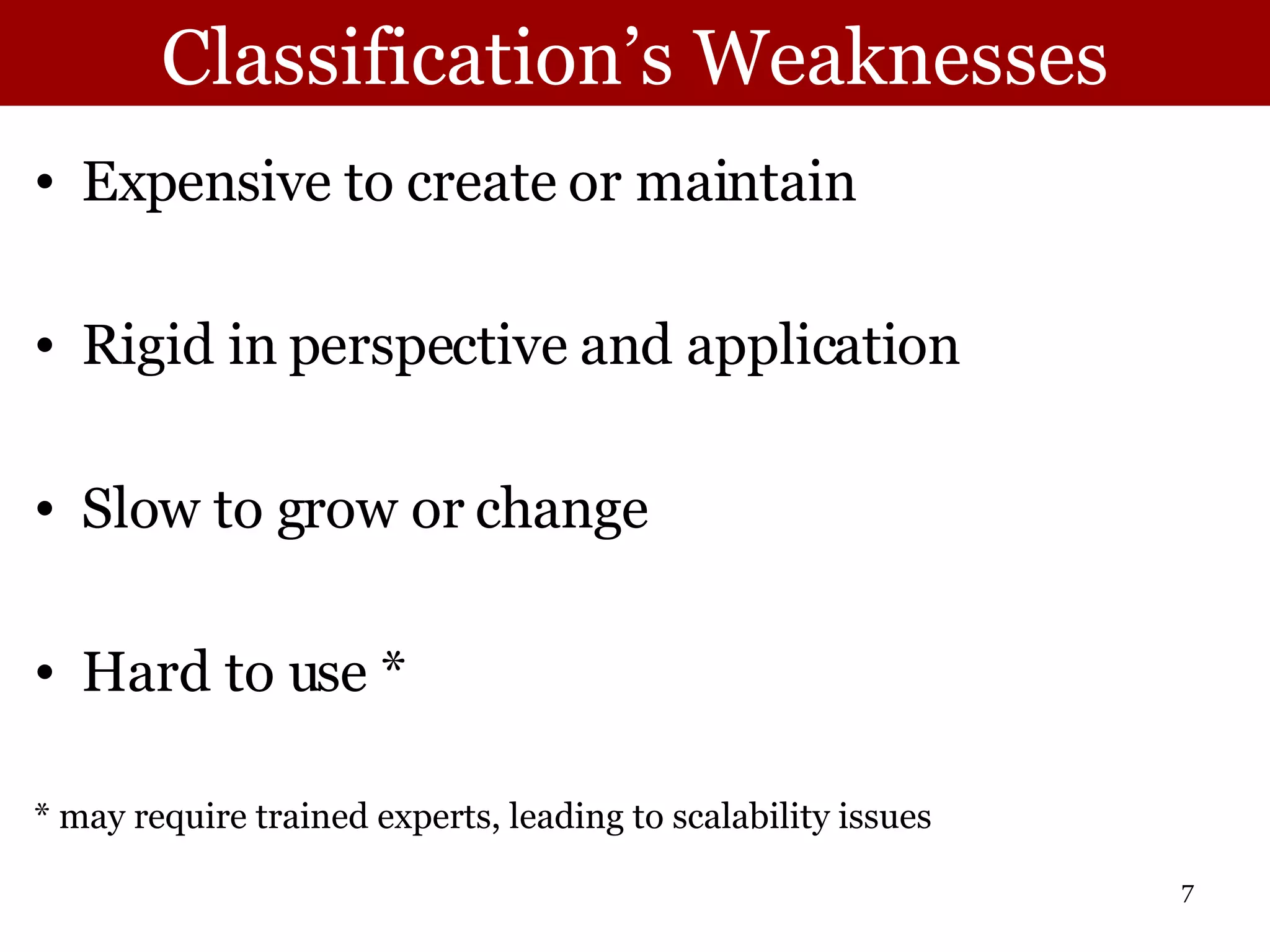 Classification’s Weaknesses Expensive to create or maintain Rigid in perspective and application Slow to grow or change Hard to use * * may require trained experts, leading to scalability issues 