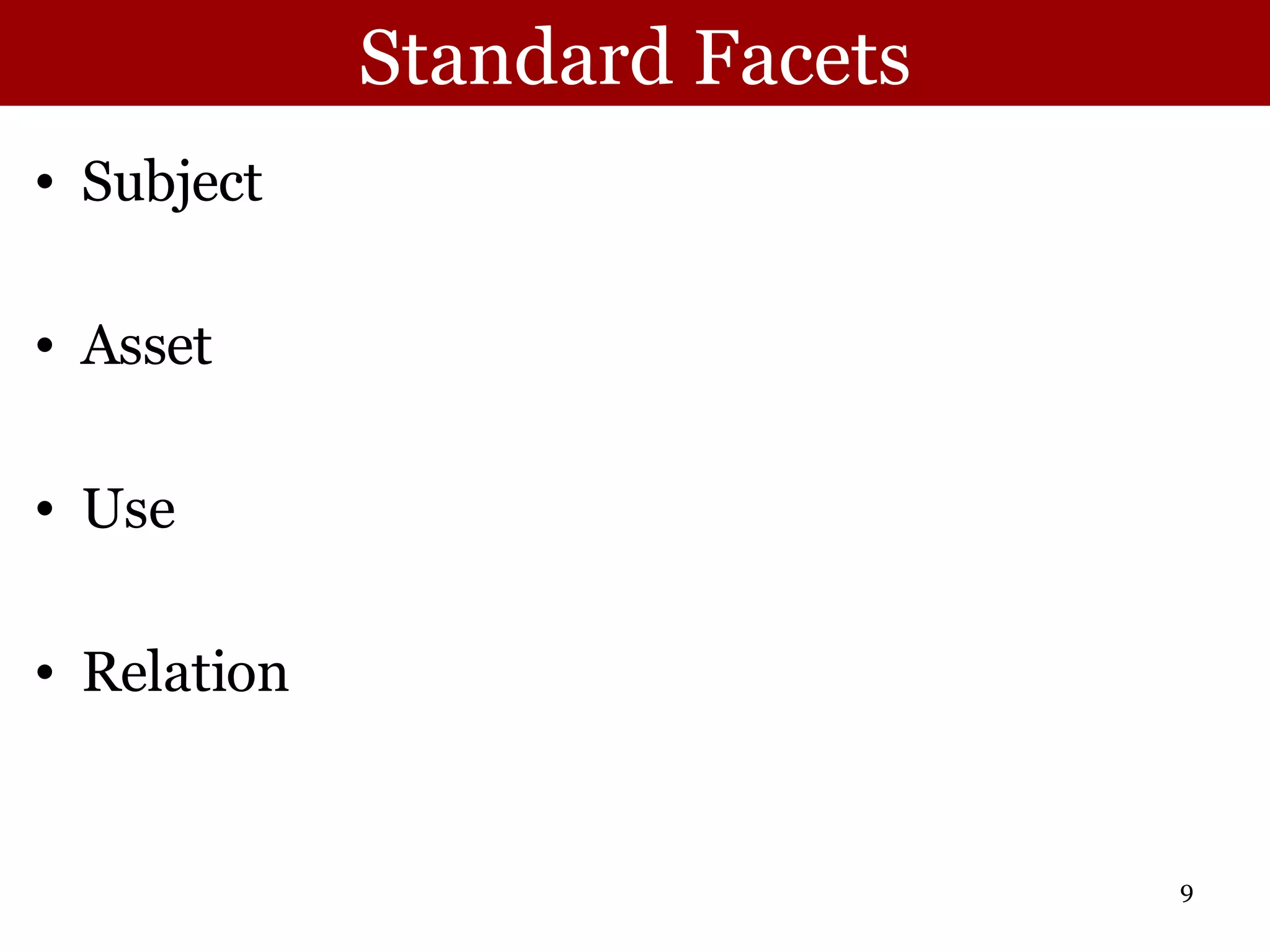 Standard Facets Subject  Asset  Use  Relation 
