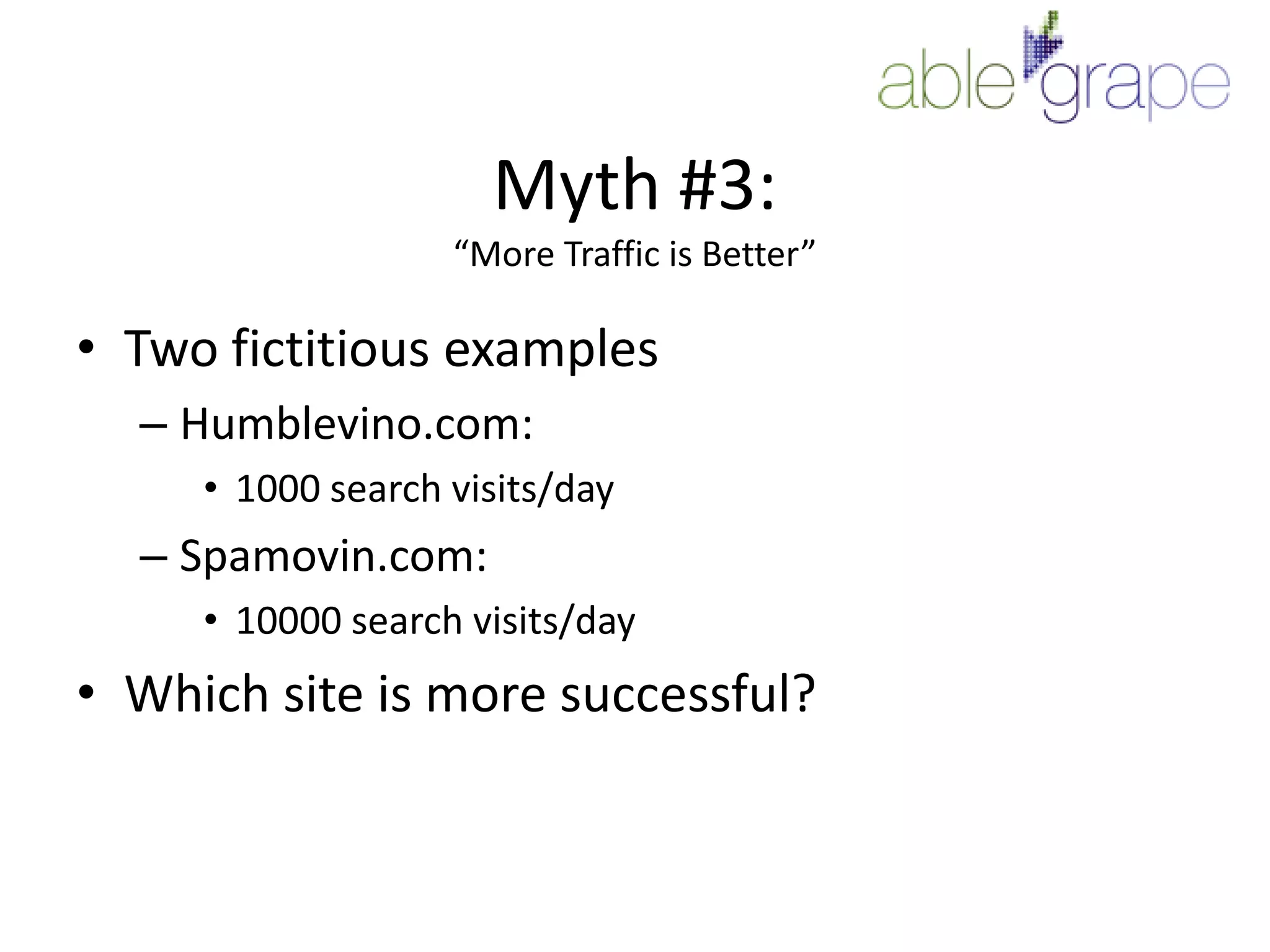 Myth #3: “More Traffic is Better”Two fictitious examplesHumblevino.com:1000 search visits/daySpamovin.com:10000 search visits/dayWhich site is more successful?