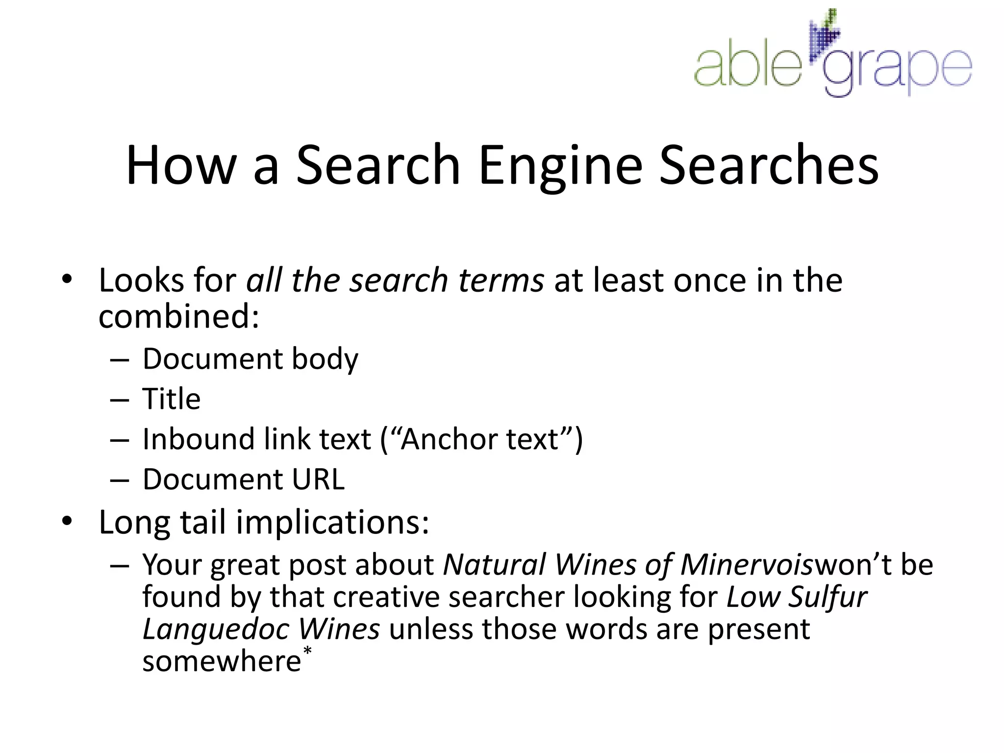 How a Search Engine SearchesLooks for all the search terms at least once in the combined:Document bodyTitleInbound link text (“Anchor text”)Document URLLong tail implications:Your great post about Natural Wines of Minervoiswon’t be found by that creative searcher looking for Low Sulfur Languedoc Wines unless those words are present somewhere*