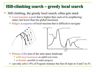 Hill-climbing search – greedy local search Hill climbing, the greedy local search, often gets stuck Local maxima : a  peak  that is higher than each of its neighboring states, but lower than the global maximum Ridges : a  sequence  of local maxima that is difficult to navigate Plateau : a  flat  area of the state space landscape a  flat local maximum : no uphill exit exists a  shoulder : possible to make progress can only solve 14% of 8-queen instance but fast (4 steps to  S  and 3 to  F ) 