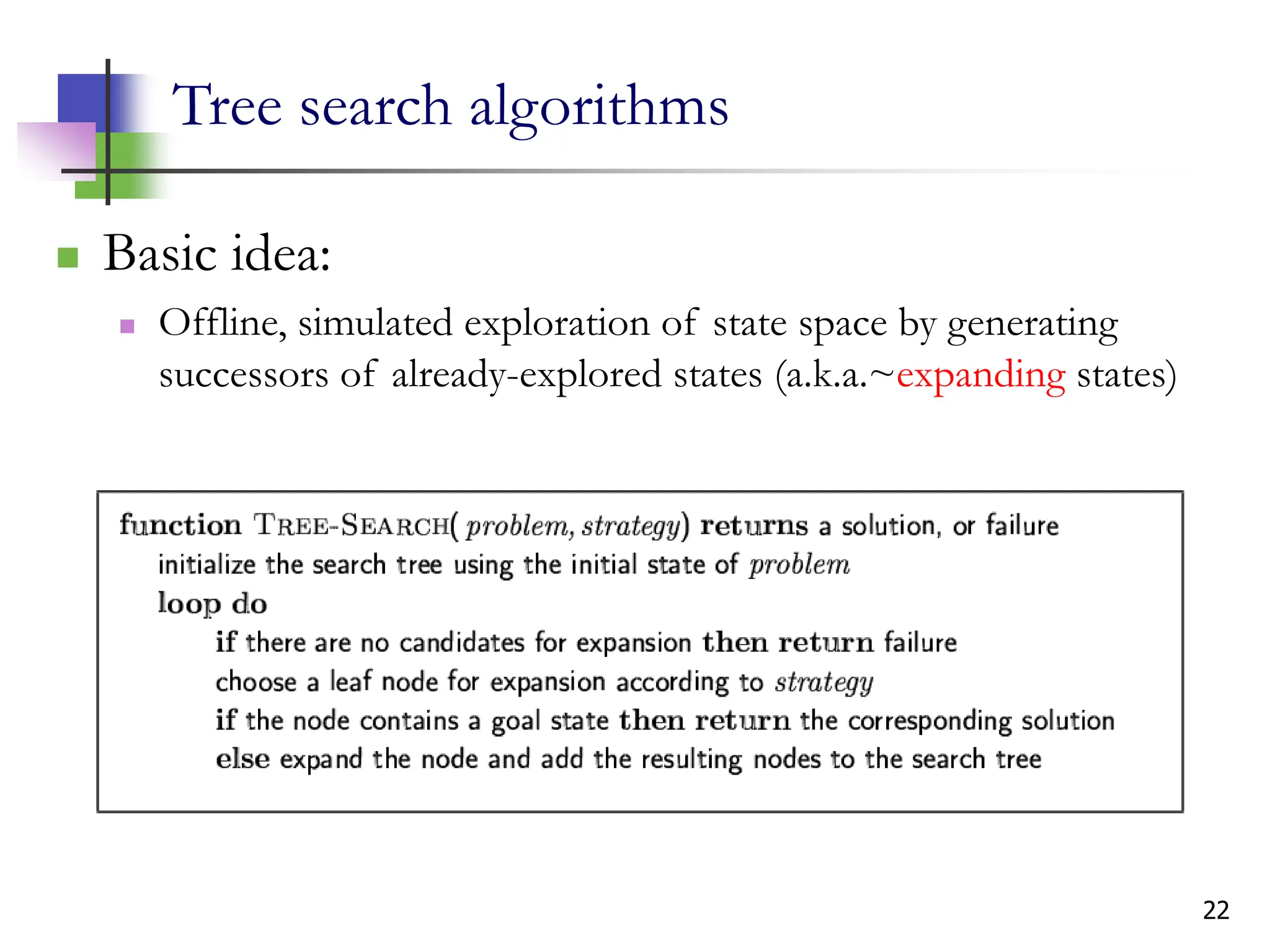 22
Tree search algorithms
 Basic idea:
 Offline, simulated exploration of state space by generating
successors of already-explored states (a.k.a.~expanding states)
 