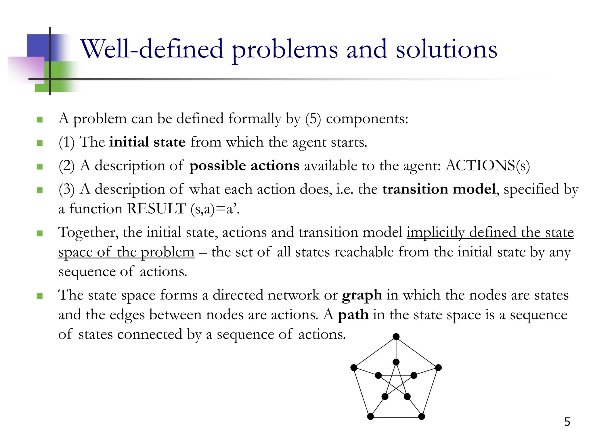 5
Well-defined problems and solutions
 A problem can be defined formally by (5) components:
 (1) The initial state from which the agent starts.
 (2) A description of possible actions available to the agent: ACTIONS(s)
 (3) A description of what each action does, i.e. the transition model, specified by
a function RESULT (s,a)=a’.
 Together, the initial state, actions and transition model implicitly defined the state
space of the problem – the set of all states reachable from the initial state by any
sequence of actions.
 The state space forms a directed network or graph in which the nodes are states
and the edges between nodes are actions. A path in the state space is a sequence
of states connected by a sequence of actions.
 