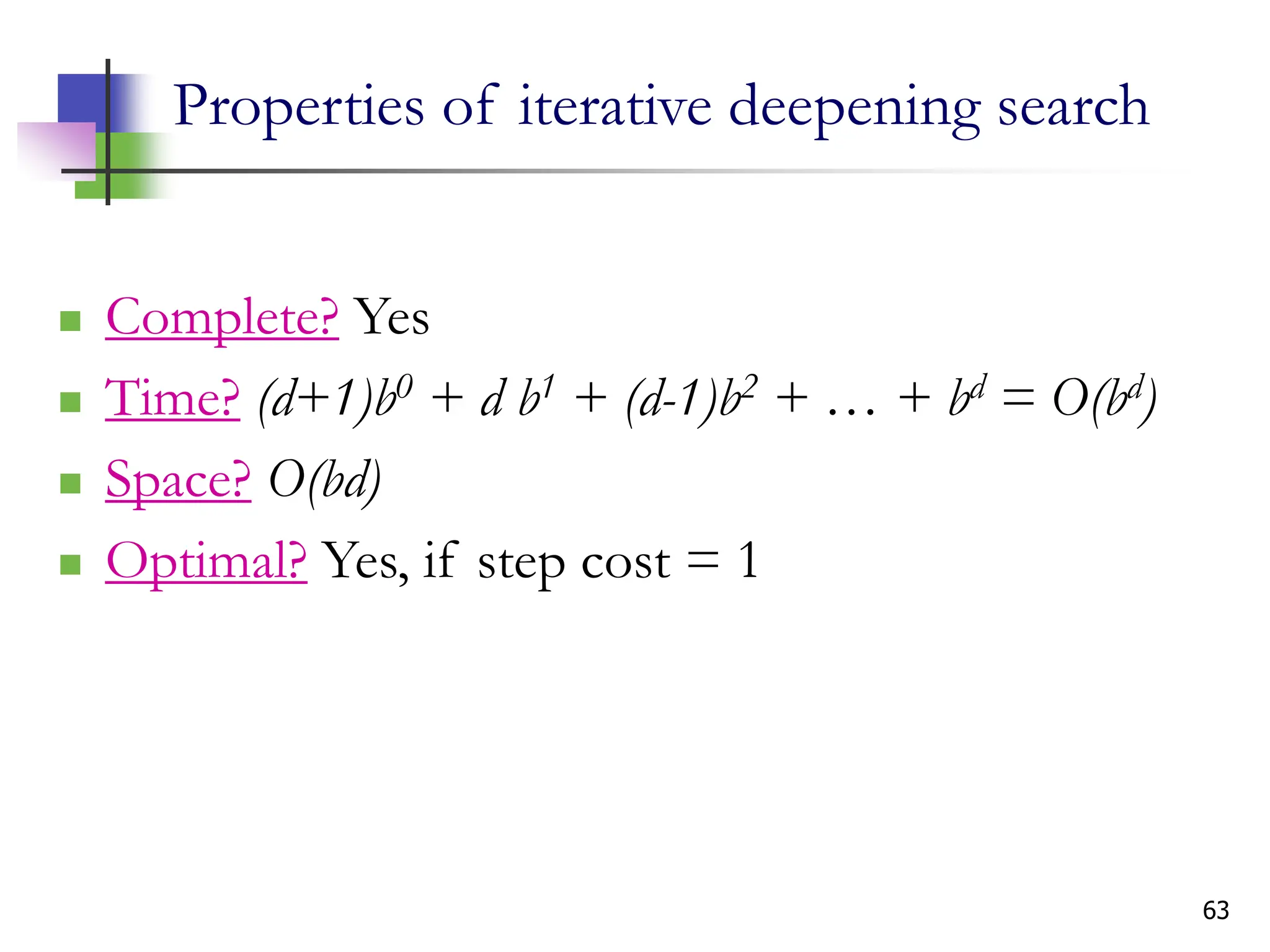 63
Properties of iterative deepening search
 Complete? Yes
 Time? (d+1)b0 + d b1 + (d-1)b2 + … + bd = O(bd)
 Space? O(bd)
 Optimal? Yes, if step cost = 1
 