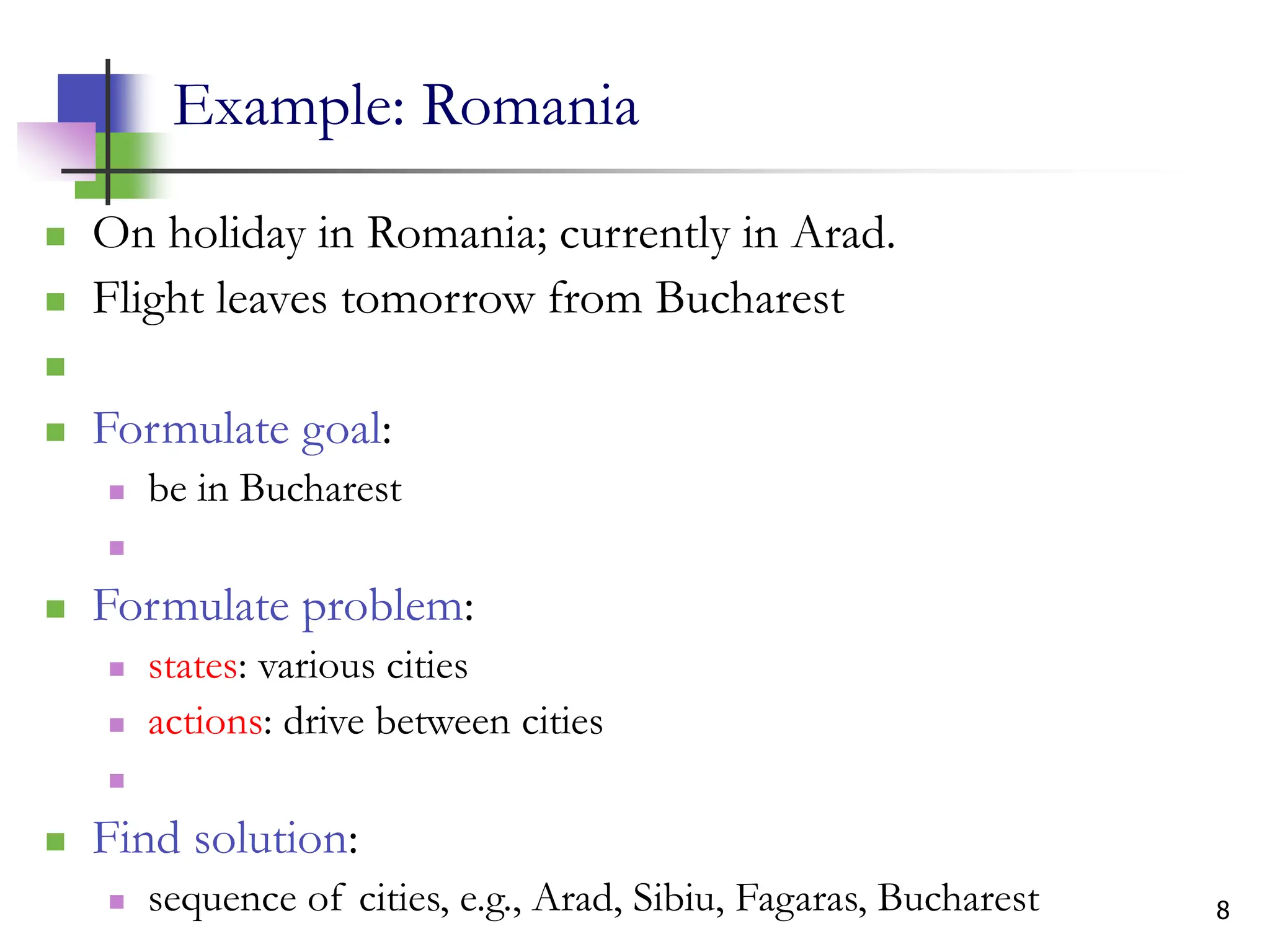 8
Example: Romania
 On holiday in Romania; currently in Arad.
 Flight leaves tomorrow from Bucharest

 Formulate goal:
 be in Bucharest

 Formulate problem:
 states: various cities
 actions: drive between cities

 Find solution:
 sequence of cities, e.g., Arad, Sibiu, Fagaras, Bucharest
 