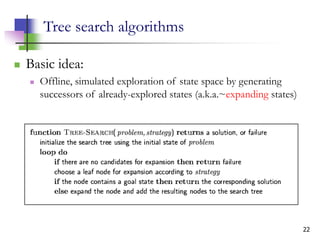 22
Tree search algorithms
 Basic idea:
 Offline, simulated exploration of state space by generating
successors of already-explored states (a.k.a.~expanding states)
 