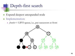 48
Depth-first search
 Expand deepest unexpanded node
 Implementation:
 frontier = LIFO queue, i.e., put successors at front
 