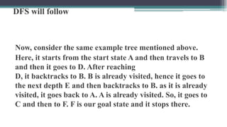 DFS will follow
Now, consider the same example tree mentioned above.
Here, it starts from the start state A and then travels to B
and then it goes to D. After reaching
D, it backtracks to B. B is already visited, hence it goes to
the next depth E and then backtracks to B. as it is already
visited, it goes back to A. A is already visited. So, it goes to
C and then to F. F is our goal state and it stops there.
 