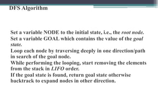 DFS Algorithm
Set a variable NODE to the initial state, i.e., the root node.
Set a variable GOAL which contains the value of the goal
state.
Loop each node by traversing deeply in one direction/path
in search of the goal node.
While performing the looping, start removing the elements
from the stack in LIFO order.
If the goal state is found, return goal state otherwise
backtrack to expand nodes in other direction.
 