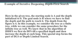 Example of Iterative Deepening Depth-First Search
Here in the given tree, the starting node is A and the depth
initialized to 0. The goal node is R where we have to find
the depth and the path to reach it. The depth from the
figure is 4. In this example, we consider the tree as a finite
tree, while we can consider the same procedure for the
infinite tree as well. We knew that in the algorithm of
IDDFS we first do DFS till a specified depth and then
increase the depth at each loop. This special step forms the
part of DLS or Depth Limited Search.
 
