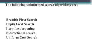 The following uninformed search algorithms are:
Breadth First Search
Depth First Search
Iterative deepening
Bidirectional search
Uniform Cost Search
 