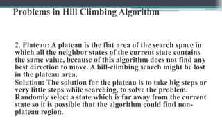 Problems in Hill Climbing Algorithm
2. Plateau: A plateau is the flat area of the search space in
which all the neighbor states of the current state contains
the same value, because of this algorithm does not find any
best direction to move. A hill-climbing search might be lost
in the plateau area.
Solution: The solution for the plateau is to take big steps or
very little steps while searching, to solve the problem.
Randomly select a state which is far away from the current
state so it is possible that the algorithm could find non-
plateau region.
 