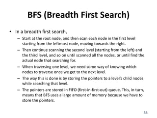 BFS (Breadth First Search)
• In a breadth first search,
– Start at the root node, and then scan each node in the first level
starting from the leftmost node, moving towards the right.
– Then continue scanning the second level (starting from the left) and
the third level, and so on until scanned all the nodes, or until find the
actual node that searching for.
– When traversing one level, we need some way of knowing which
nodes to traverse once we get to the next level.
– The way this is done is by storing the pointers to a level’s child nodes
while searching that level.
– The pointers are stored in FIFO (first-in-first-out) queue. This, in turn,
means that BFS uses a large amount of memory because we have to
store the pointers.
34
 