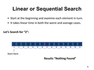 Linear or Sequential Search
• Start at the beginning and examine each element in turn.
• It takes linear time in both the worst and average cases.
9
Start Here
Let’s Search for “2”:
8
2
1 3 4 6
5 7 10
9 11 12 14
13
0
64
14
13 25 33 51
43 53 84
72 93 95 97
96
6
Results “Nothing Found”
 