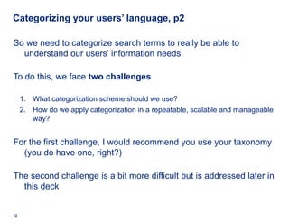 Categorizing your users’ language, p2

So we need to categorize search terms to really be able to
  understand our users’ ...