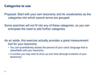Categories to use

Proposal: Start with your own taxonomy and its vocabularies as the
  categories into which search terms...