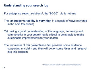 Understanding your search log

For enterprise search solutions1, the “80-20” rule is not true

The language variability is...