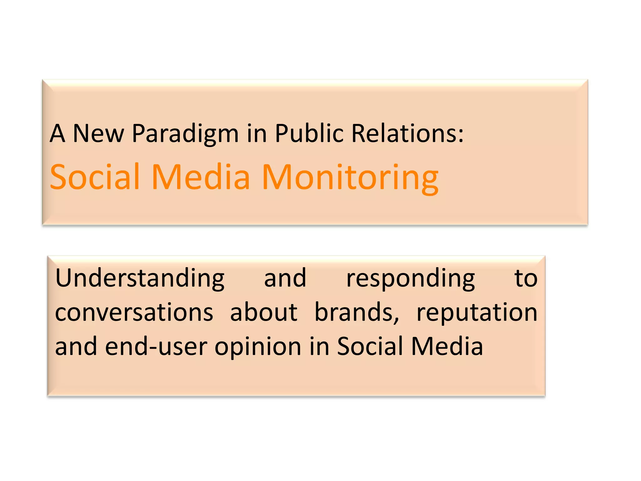 A New Paradigm in Public Relations:

Social Media Monitoring
Understanding and responding to
conversations about brands, reputation
and end-user opinion in Social Media

 
