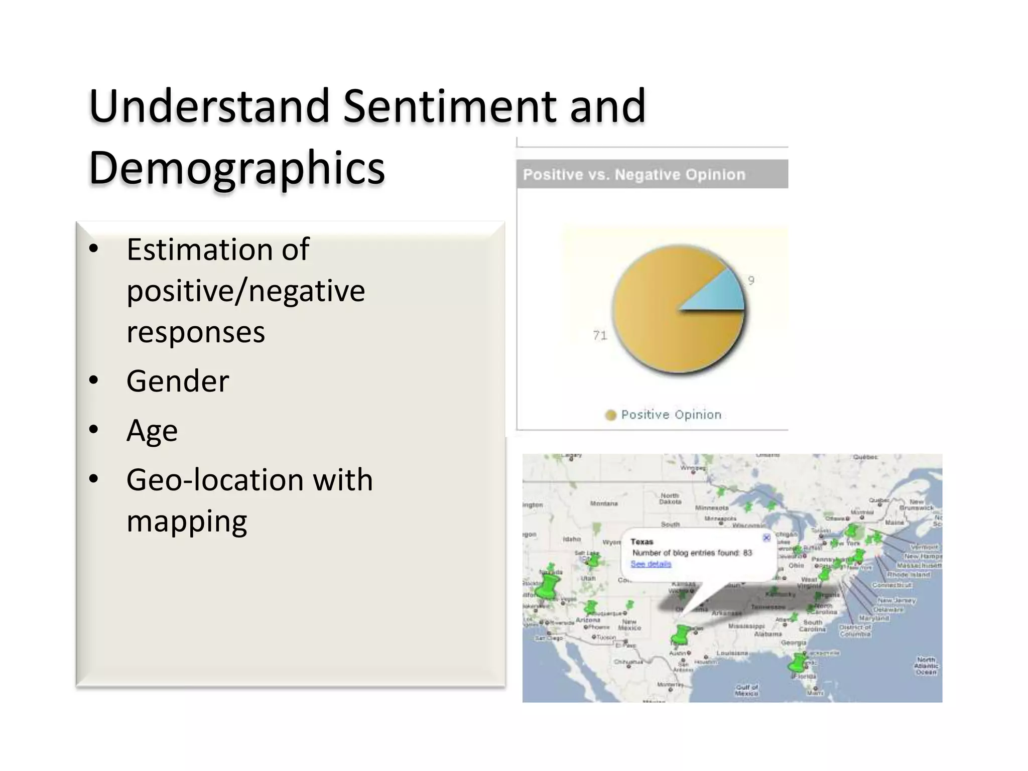 Understand Sentiment and
Demographics
• Estimation of
positive/negative
responses
• Gender
• Age
• Geo-location with
mapping

 
