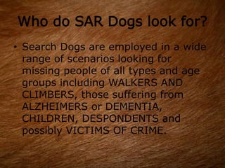 Who do SAR Dogs look for?
• Search Dogs are employed in a wide
range of scenarios looking for
missing people of all types and age
groups including WALKERS AND
CLIMBERS, those suffering from
ALZHEIMERS or DEMENTIA,
CHILDREN, DESPONDENTS and
possibly VICTIMS OF CRIME.
 