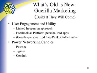 What’s Old is New:  Guerilla Marketing ( Build It They Will Come) User Engagement and Utility Linked In-reunion approach Facebook as Platform-personalized apps iGoogle- personalized PageRank, Gadget maker Power Networking Candies Pownce Jigsaw Conduit 
