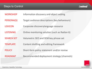 Steps to Control
  Structure and History

    WORKSHOP                         Information discovery and object setting

    PERSONA(S)                       Target audience descriptions (key behaviours)

    LEXICON                          Corporate discoverylanguage resource

    LISTENING                        Online monitoring solution (such as Radian 6)

    SEARCH SET                       Volumetric SEO and SEM key phrase set

    TEMPLATE                         Content drafting and editing framework

    POLICY                           Short-form policy statement and/or review

    ROADMAP                          Recommended deployment strategy (channels)



Experience. Capability. Technology                                                   bwired.com.au
 