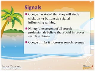 SignalsGoogle has stated that they will study clicks on +1 buttons as a signal influencing rankingNinety-one percent of all search professionals believe that social improves search rankingsGoogle thinks it increases search revenue