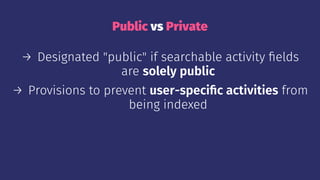 Public vs Private
→ Designated "public" if searchable activity ﬁelds
are solely public
→ Provisions to prevent user-speciﬁc activities from
being indexed
 
