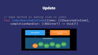 Update
// Same method as adding item to index
func indexSearchableItems(items: [CSSearchableItem],
completionHandler: ((NSError?) -> Void)?)
 