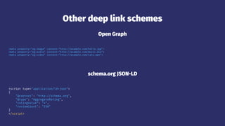 Other deep link schemes
Open Graph
<meta property="og:image" content="http://example.com/hello.jpg">
<meta property="og:audio" content="http://example.com/music.m4a">
<meta property="og:video" content="http://example.com/cats.mp4">
schema.org JSON-LD
<script type="application/ld+json">
{
"@context": "http://schema.org",
"@type": "AggregateRating",
"ratingValue": "4",
"reviewCount": "250"
}
</script>
 