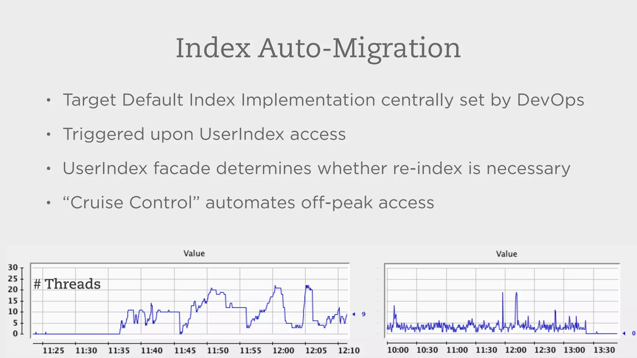Index Auto-Migration 
• Target Default Index Implementation centrally set by DevOps 
• Triggered upon UserIndex access 
• UserIndex facade determines whether re-index is necessary 
• “Cruise Control” automates off-peak access 
# Threads 
 