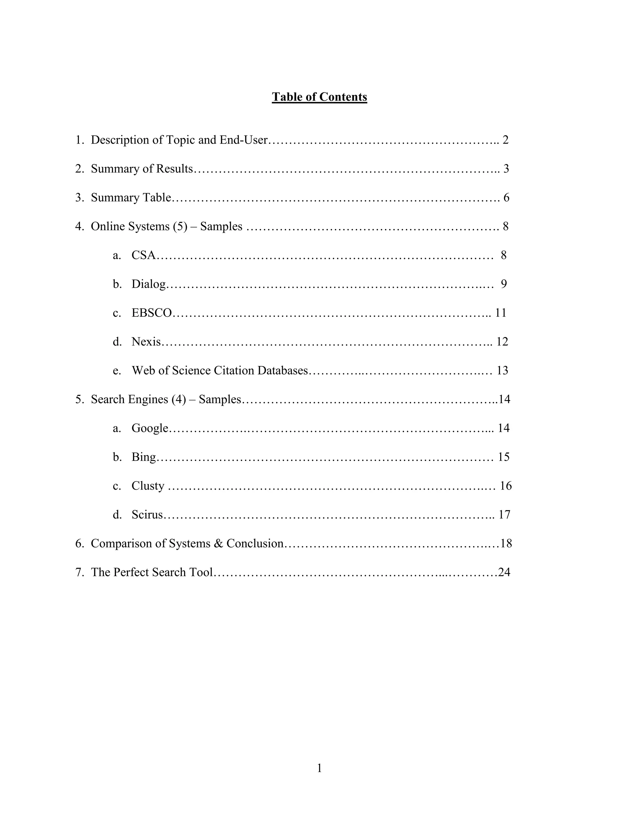 Table of Contents


1. Description of Topic and End-User……………………………………………….. 2

2. Summary of Results……………………………………………………………….. 3

3. Summary Table……………………………………………………………………. 6

4. Online Systems (5) – Samples ……………………………………………………. 8

     a. CSA……………………………………………………………………… 8

     b. Dialog………………………………………………………………….… 9

     c. EBSCO………………………………………………………………….. 11

     d. Nexis…………………………………………………………………….. 12

     e. Web of Science Citation Databases…………..……………………….… 13

5. Search Engines (4) – Samples……………………………………………………..14

     a. Google……………….…………………………………………………... 14

     b. Bing……………………………………………………………………… 15

     c. Clusty ………………………………………………………………….… 16

     d. Scirus…………………………………………………………………….. 17

6. Comparison of Systems & Conclusion………………………………………….…18

7. The Perfect Search Tool………………………………………………...…………24




                                  1
 