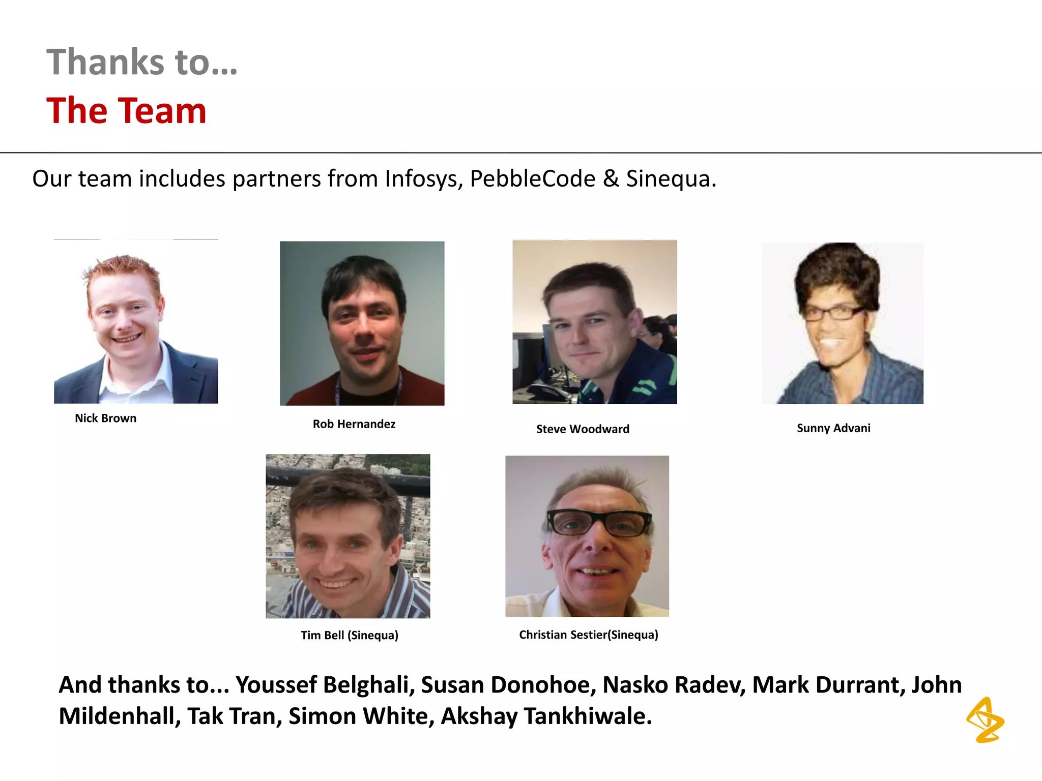 Our team includes partners from Infosys, PebbleCode & Sinequa.
Thanks to…
The Team
And thanks to... Youssef Belghali, Susan Donohoe, Nasko Radev, Mark Durrant, John
Mildenhall, Tak Tran, Simon White, Akshay Tankhiwale.
Nick Brown Rob Hernandez
Tim Bell (Sinequa) Christian Sestier(Sinequa)
Steve Woodward Sunny Advani
 