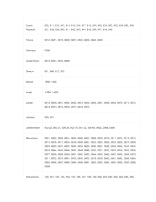 Czech

810, 811, 812, 813, 814, 815, 816, 817, 818, 819, 830, 831, 832, 833, 834, 835, 836,

Republic

837, 838, 839, 840, 841, 842, 843, 844, 845, 846, 847, 848, 849

France

0810, 0811, 0819, 0820, 0821, 0825, 0826, 0884, 0890

Germany

0180

Great Britain

0843, 0844, 0845, 0870

Greece

801, 806, 812, 825

Ireland

1850, 1890

Israel

1-700, 1-809

Jordan

0810, 0850, 0851, 0852, 0853, 0854, 0855, 0856, 0857, 0858, 0859, 0870, 0871, 0872,
0873, 0874, 0875, 0876, 0877, 0878, 0879

Lebanon

090, 091

Liechtenstein

900 22, 900 27, 900 28, 900 79, 901 23, 906 66, 0900, 0901, 0906

Macedonia

0801, 0802, 0803, 0804, 0805, 0806, 0807, 0808, 0809, 0810, 0811, 0812, 0813, 0814,
0815, 0816, 0817, 0818, 0819, 0820, 0821, 0822, 0823, 0824, 0825, 0826, 0827, 0828,
0829, 0830, 0831, 0832, 0833, 0834, 0835, 0836, 0837, 0838, 0839, 0840, 0841, 0842,
0843, 0844, 0845, 0846, 0847, 0848, 0849, 0850, 0851, 0852, 0853, 0854, 0855, 0856,
0857, 0858, 0859, 0860, 0861, 0862, 0863, 0864, 0865, 0866, 0867, 0868, 0869, 0870,
0871, 0872, 0873, 0874, 0875, 0876, 0877, 0878, 0879, 0880, 0881, 0882, 0883, 0884,
0885, 0886, 0887, 0888, 0889, 0890, 0891, 0892, 0893, 0894, 0895, 0896, 0897, 0898,
0899

Netherlands

100, 101, 102, 103, 104, 105, 106, 107, 108, 109, 690, 691, 692, 693, 694, 695, 696,

 