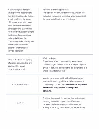A psychological therapist Personal attention approach :
treats patients according to This type of customized service focusing on the
their individual needs. Patients individual customer's needs is a good example of
are all treated in the same the personal attention service design
office on a scheduled basis.
Each patient's treatment is
developed and customized
for the individual according to
the therapist's professional
training. Which of the
contrasting service designs in
the chapter would best
describe the therapist's
service operation?
What is the term for a group
Work package:
Projects are often completed by a number of
of project activities that are
different organizational units. A work package is a
assigned to a single
group of activities combined to be assignable to a
organizational unit?
single organizational unit.
a project-management tool that illustrates the
relationships among all the activities involved in
Critical Path Method completing a project and identifies the sequence
of activities likely to take the longest to
complete.
The time that an activity can be delayed without
slack time
delaying the entire project; the difference
between the late and early start times of an
activity. (look at pg 51 for example/ explanation)
 