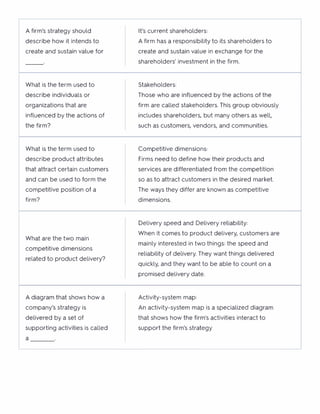 A firm's strategy should It's current shareholders:
describe how it intends to A firm has a responsibility to its shareholders to
create and sustain value for create and sustain value in exchange for the
------- shareholders' investment in the firm.
What is the term used to Stakeholders:
describe individuals or Those who are influenced by the actions of the
organizations that are firm are called stakeholders. This group obviously
influenced by the actions of includes shareholders, but many others as well,
the firm? such as customers, vendors, and communities.
What is the term used to Competitive dimensions:
describe product attributes Firms need to define how their products and
that attract certain customers services are differentiated from the competition
and can be used to form the so as to attract customers in the desired market.
competitive position of a The ways they differ are known as competitive
firm? dimensions.
Delivery speed and Delivery reliability:
What are the two main
When it comes to product delivery, customers are
competitive dimensions
mainly interested in two things: the speed and
reliability of delivery. They want things delivered
related to product delivery?
quickly, and they want to be able to count on a
promised delivery date.
A diagram that shows how a Activity-system map:
company's strategy is An activity-system map is a specialized diagram
delivered by a set of that shows how the firm's activities interact to
supporting activities is called support the firm's strategy
a
 