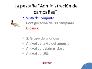 La pestaña "Administración de campañas "   Vista del conjunto   Configuración de las campañas   Glosario   2.  Grupo de anuncios   A nivel de texto del anuncio   A nivel de palabras clave   A nivel de URL   